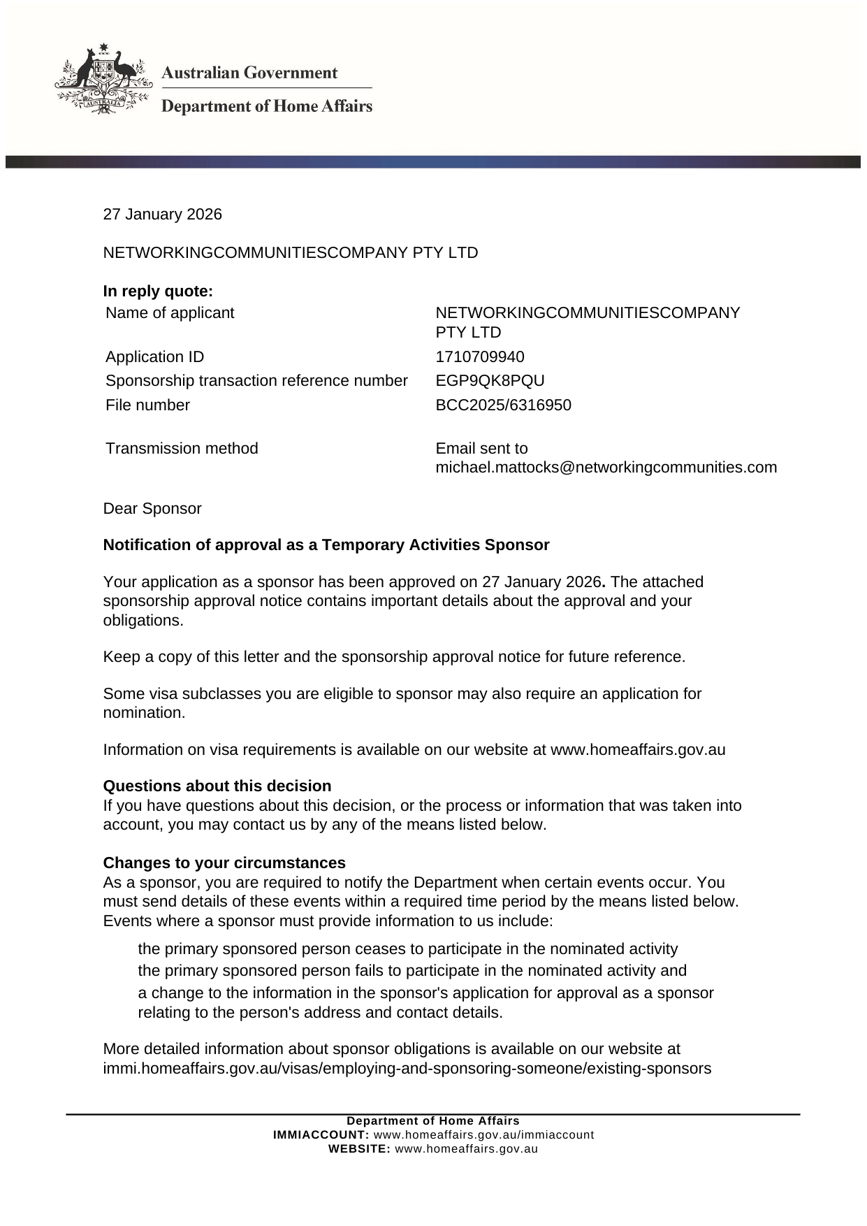 Department of Home Affairs Approval Notification